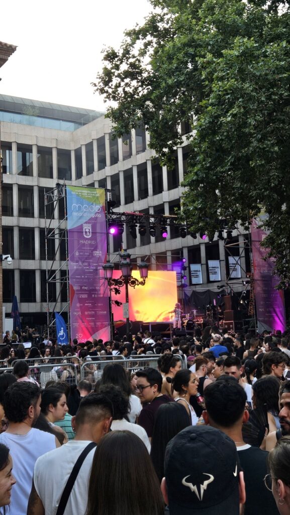 People in front of a stage at Madrid Pride, with people celebrating LGBTQ+ pride during a live performance.