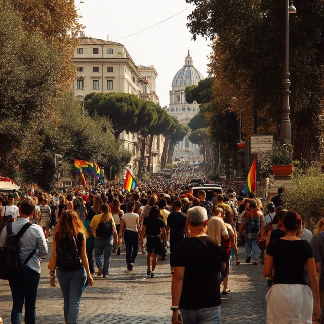 rome pride, big group of people with gay symbols, background typical sights --raw --profile dhc8126 --v 7 Job ID: eaed2016-c69b-443a-a5e3-9d6cc83ba203