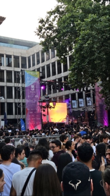 People in front of a stage at Madrid Pride, with people celebrating LGBTQ+ pride during a live performance.