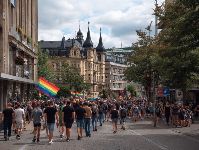 luxembourg pride parade, big group of guys with gay flags, background typical sights --ar 4:3 --raw --profile a82ztkb --v 7 Job ID: e930b5d1-fff8-49d1-8633-eb617aa89946