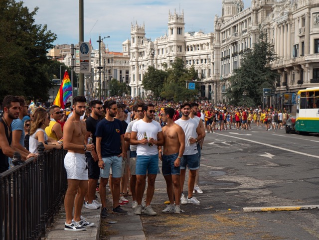 madrid pride parade, big group of guys with gay flags, background typical sights --ar 4:3 --raw --profile a82ztkb --v 7 Job ID: 49937ad2-99a4-4c84-9794-6f92d74f1be4