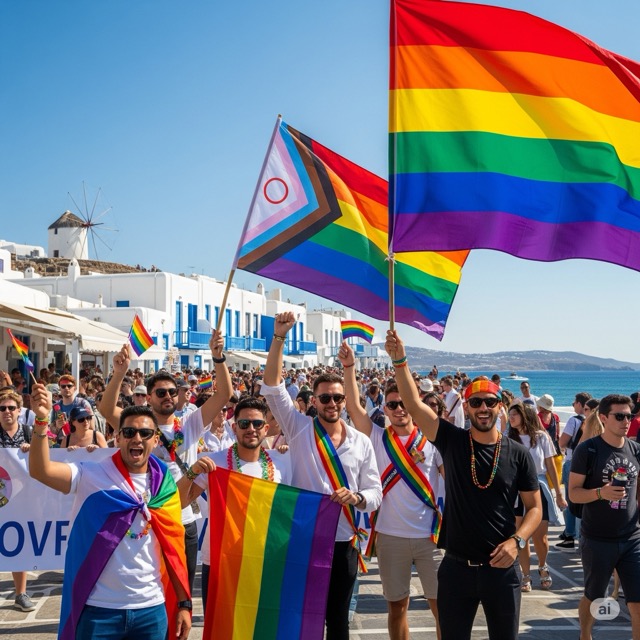 Men at a Pride parade holding rainbow flags in front of whitewashed buildings in Mykonos.