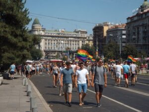 People gathered for an LGBT pride event in Belgrade, Serbia, with participants holding rainbow flags.