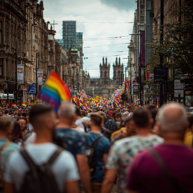 A large crowd of people holding rainbow flags during a Pride event in Manchester.