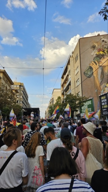 anners with political messages for LGBT rights at the Belgrade Pride march.