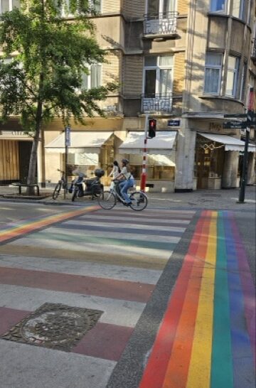 A permanent rainbow crosswalk in the city center of Brussels.