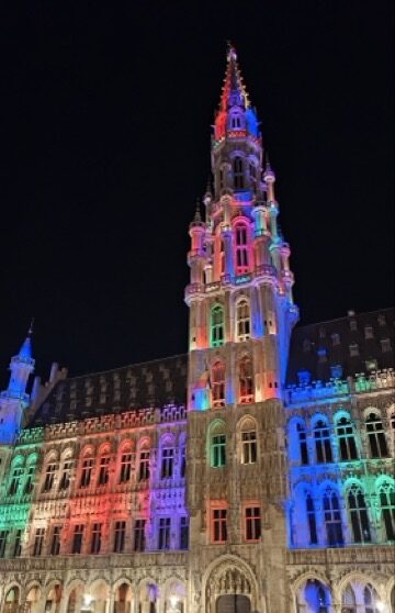 Crowd celebrating Brussels Pride at the Grote Markt with historic buildings illuminated in rainbow colors at night.