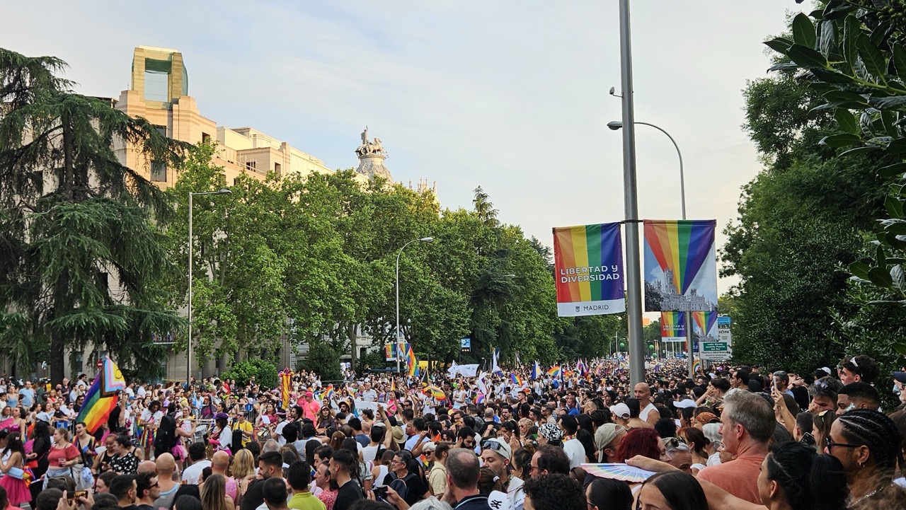 Large crowd celebrating during the Madrid Pride parade, with people waving rainbow flags and filling the streets.