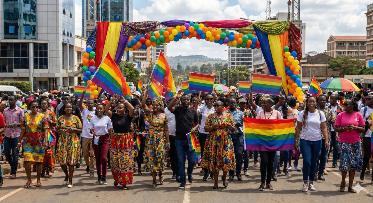 A crowd of African people marching in a Pride parade down a city street.