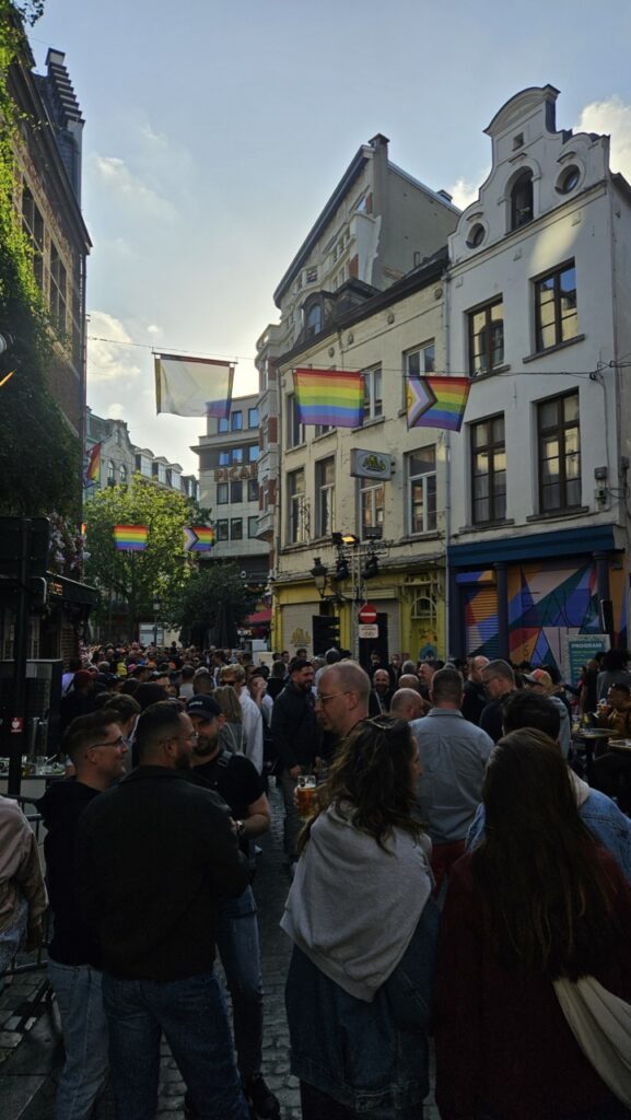 Crowds enjoying drinks on Brussels’ main gay bar street during Brussels Pride, with people celebrating LGBTQ+ pride in a lively street party atmosphere.