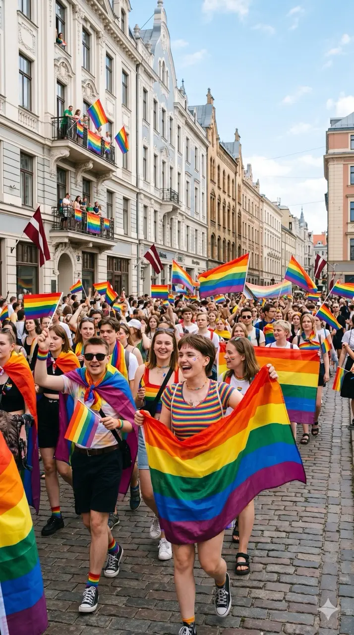 Thousands of participants carrying rainbow flags march through central Riga during Riga Pride, passing historic buildings and gathering in support of LGBTQ+ equality and inclusion.