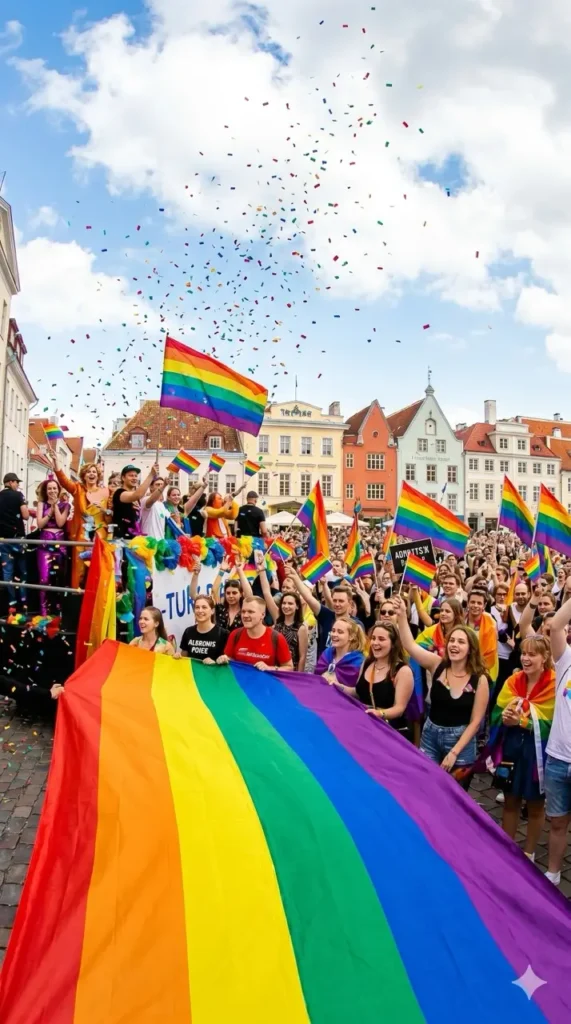 Participants marching with rainbow flags during Tallinn Pride in the streets of Tallinn, Estonia.