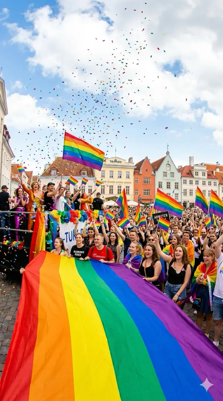 Participants marching with rainbow flags during Tallinn Pride in the streets of Tallinn, Estonia.