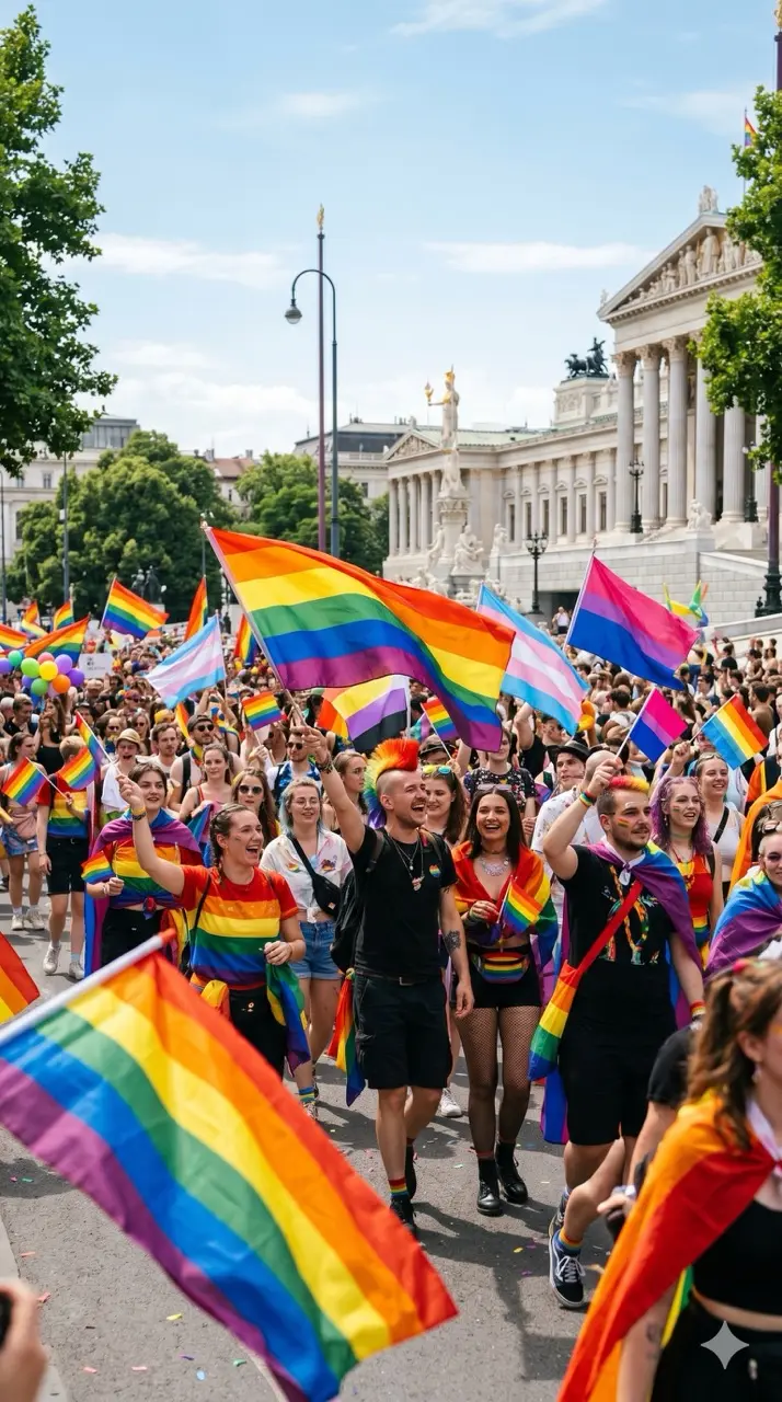 Thousands of participants carrying rainbow flags march along Vienna's Ringstrasse during Vienna Pride, celebrating LGBTQ+ equality in the Austrian capital.