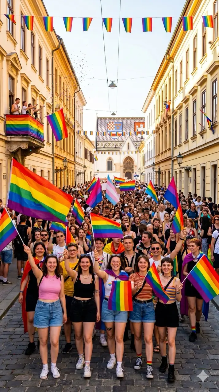 Participants march through central Zagreb during Zagreb Pride, carrying rainbow flags, banners, and signs.