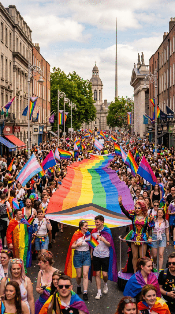 Thousands of participants and rainbow flags during the Dublin Pride Parade in Dublin city centre.