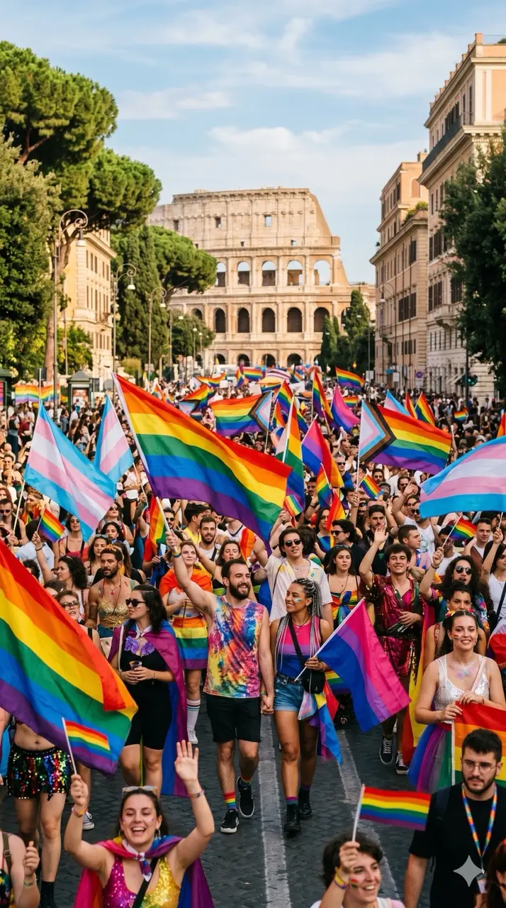 Rome Pride parade with rainbow flags passing the Colosseum in Rome