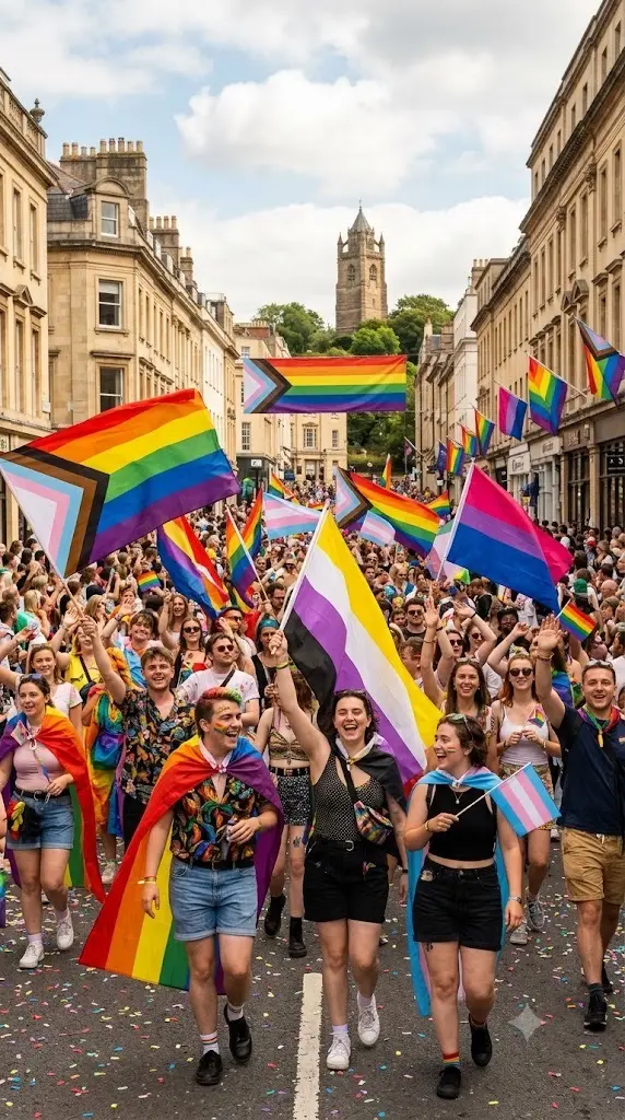 Participants waving rainbow flags during Bristol Pride parade in Bristol city centre